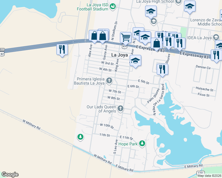 map of restaurants, bars, coffee shops, grocery stores, and more near 212 West 7th Street in La Joya