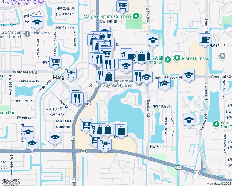 map of restaurants, bars, coffee shops, grocery stores, and more near 5780 Lakeside Drive in Margate