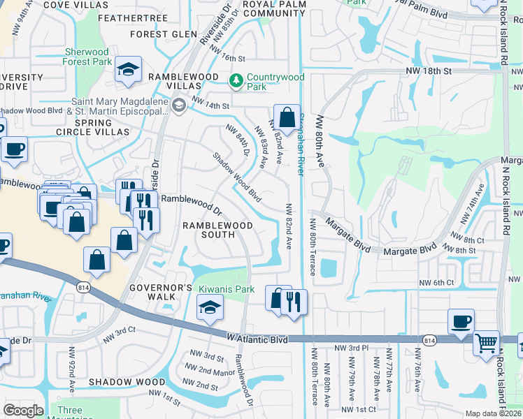 map of restaurants, bars, coffee shops, grocery stores, and more near 8296 Shadow Wood Boulevard in Coral Springs