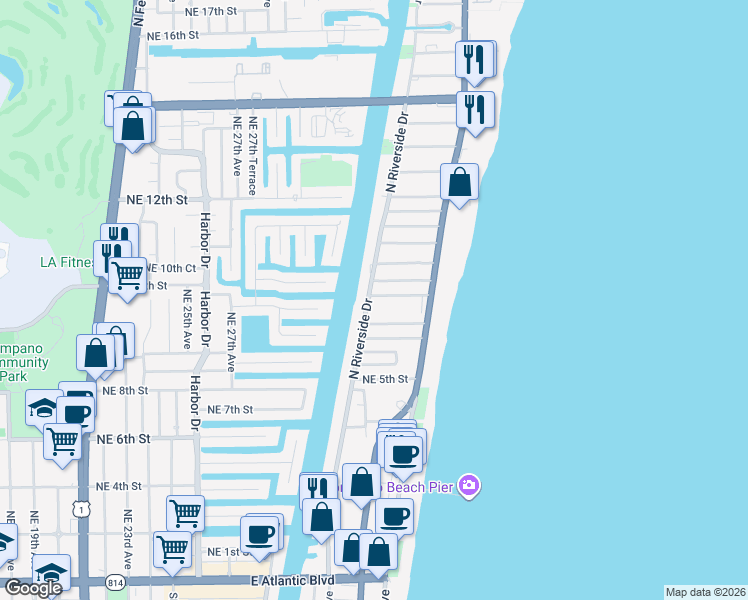 map of restaurants, bars, coffee shops, grocery stores, and more near 615 North Riverside Drive in Pompano Beach