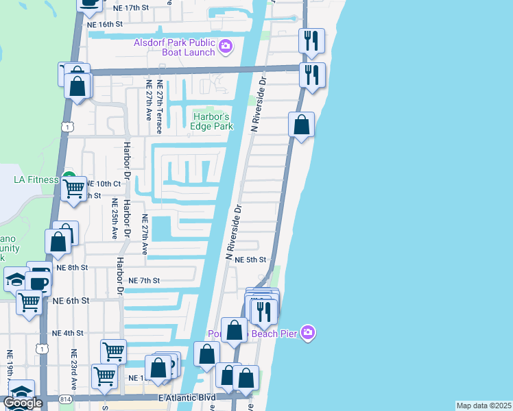 map of restaurants, bars, coffee shops, grocery stores, and more near 3212 Northeast 7th Street in Pompano Beach