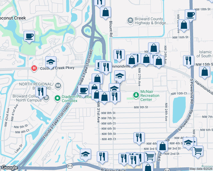 map of restaurants, bars, coffee shops, grocery stores, and more near in Pompano Beach
