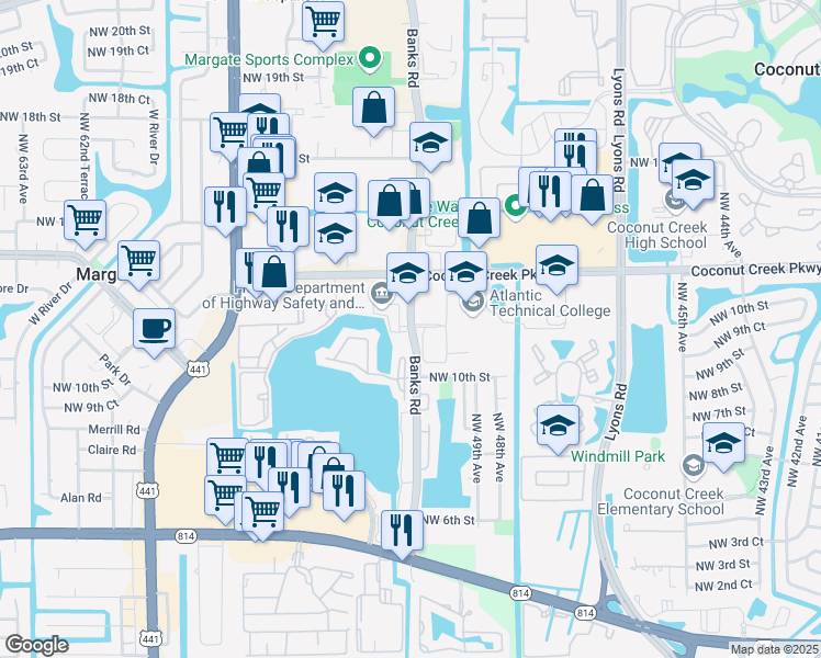map of restaurants, bars, coffee shops, grocery stores, and more near 1121 Banks Road in Margate