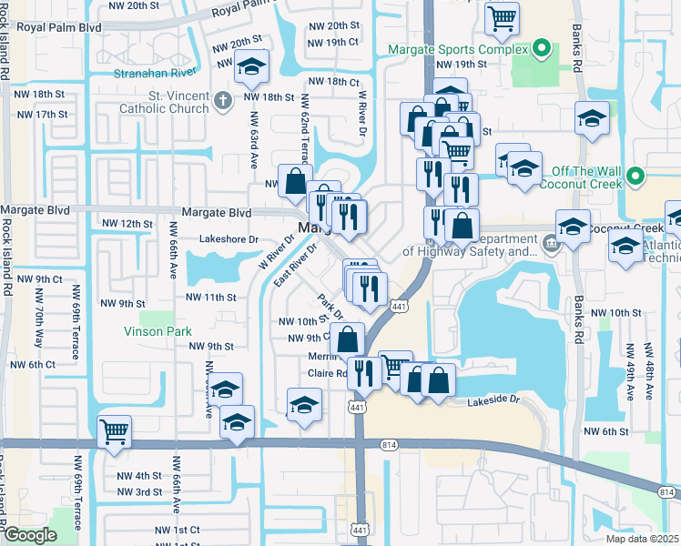 map of restaurants, bars, coffee shops, grocery stores, and more near 1189 Northwest 58th Avenue in Margate