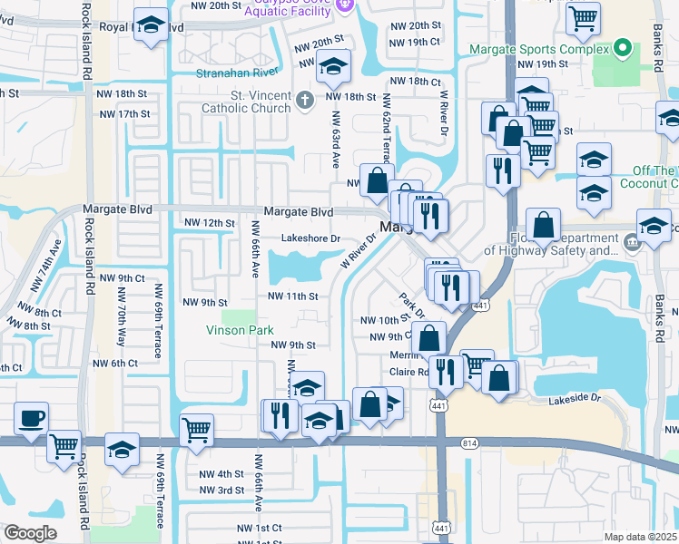 map of restaurants, bars, coffee shops, grocery stores, and more near 1186 West River Drive in Margate