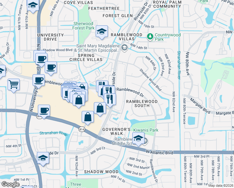 map of restaurants, bars, coffee shops, grocery stores, and more near 977 Riverside Drive in Coral Springs