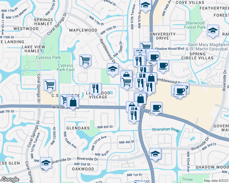 map of restaurants, bars, coffee shops, grocery stores, and more near 9963 Twin Lakes Drive in Coral Springs