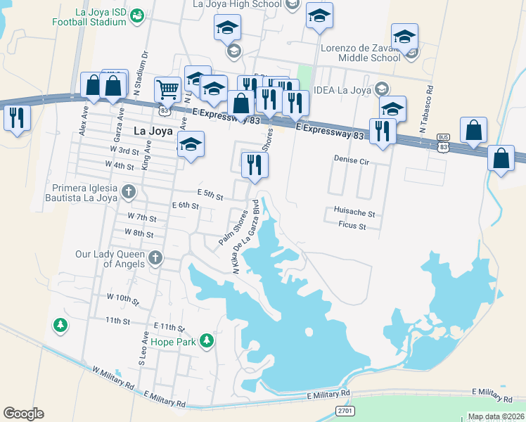 map of restaurants, bars, coffee shops, grocery stores, and more near in La Joya