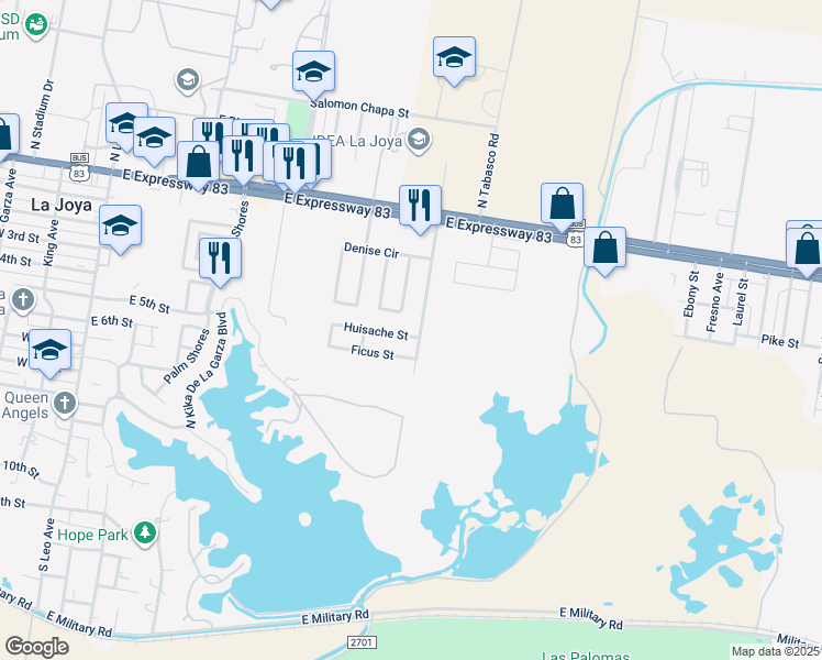 map of restaurants, bars, coffee shops, grocery stores, and more near 741 Huisache Street in La Joya