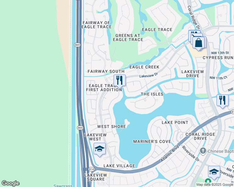 map of restaurants, bars, coffee shops, grocery stores, and more near 1004 Northwest 123rd Drive in Coral Springs