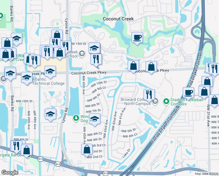 map of restaurants, bars, coffee shops, grocery stores, and more near 4220 Northwest 9th Court in Coconut Creek