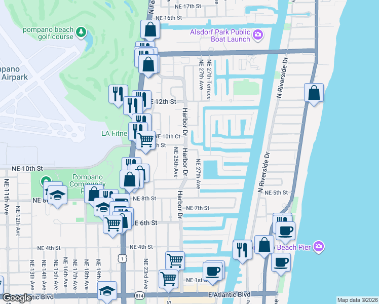 map of restaurants, bars, coffee shops, grocery stores, and more near 2660 Northeast 9th Court in Pompano Beach