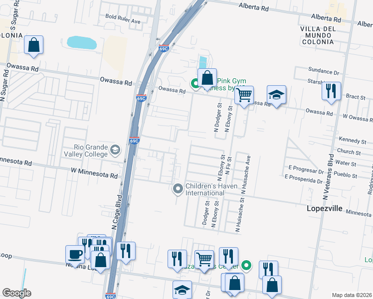 map of restaurants, bars, coffee shops, grocery stores, and more near 5510 North Birch Street in Pharr