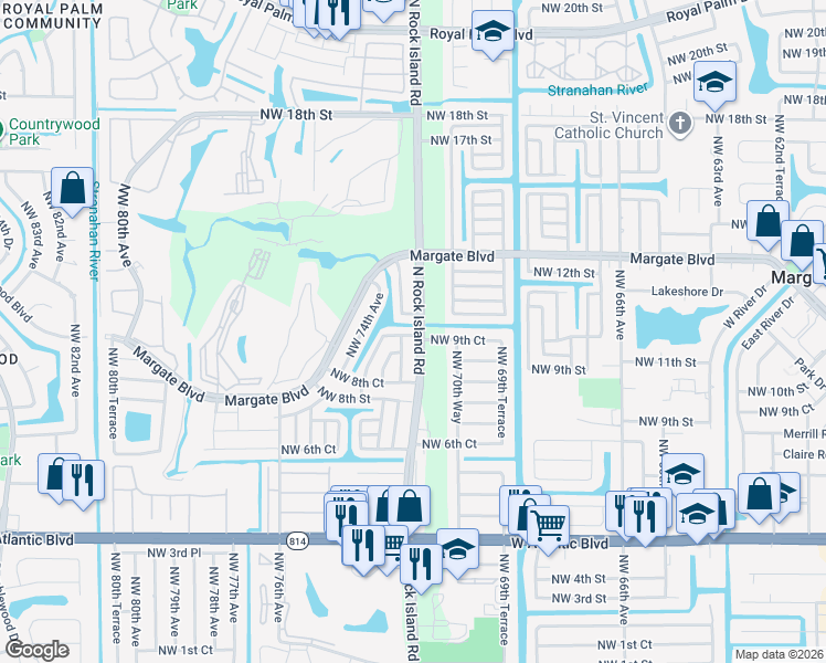 map of restaurants, bars, coffee shops, grocery stores, and more near 7175 Northwest 9th Court in Margate