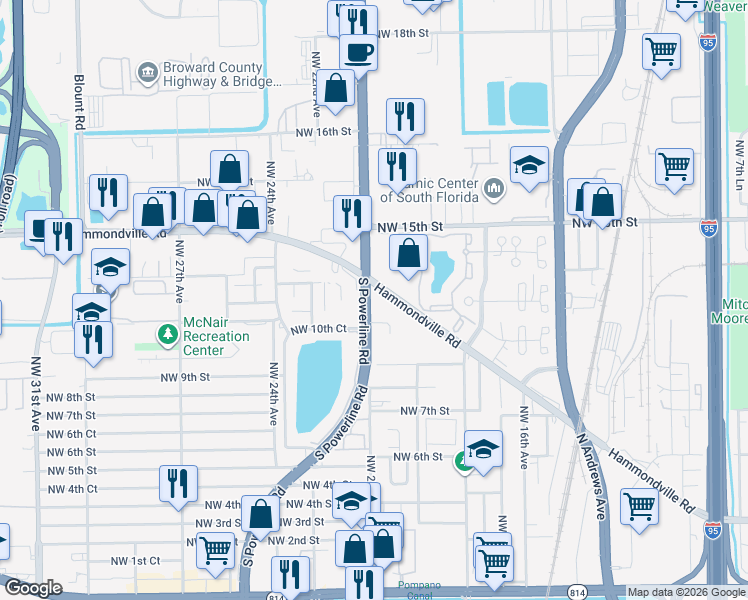 map of restaurants, bars, coffee shops, grocery stores, and more near 11235 Northwest 21st Avenue in Pompano Beach