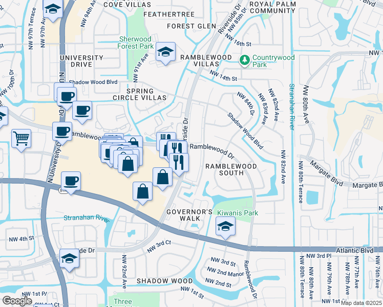 map of restaurants, bars, coffee shops, grocery stores, and more near 977 Riverside Drive in Coral Springs