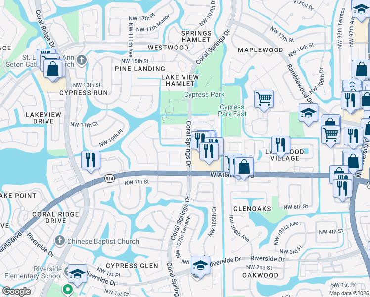 map of restaurants, bars, coffee shops, grocery stores, and more near 10741 Northwest 9th Court in Coral Springs