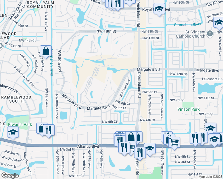 map of restaurants, bars, coffee shops, grocery stores, and more near 7837 Golf Circle Drive in Margate