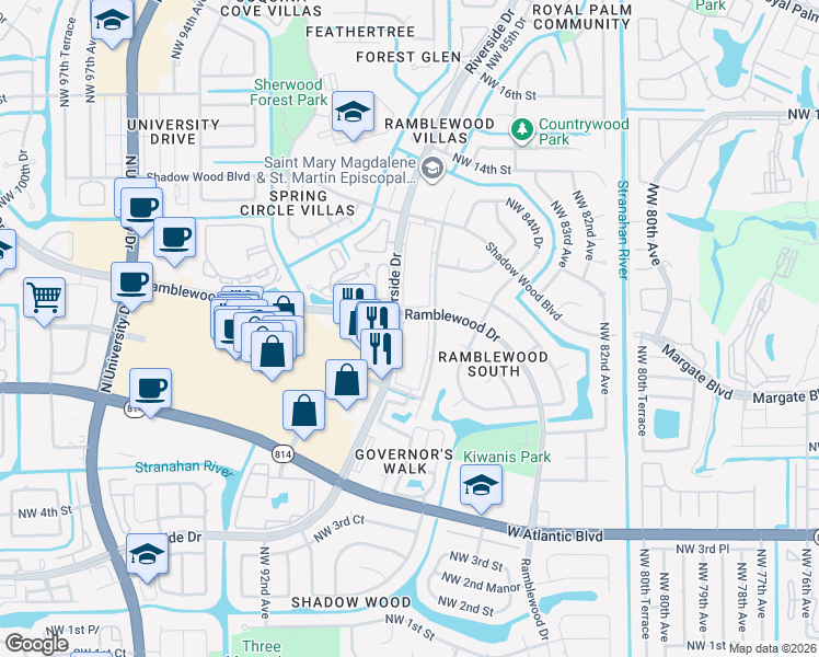 map of restaurants, bars, coffee shops, grocery stores, and more near 977 Riverside Drive in Coral Springs