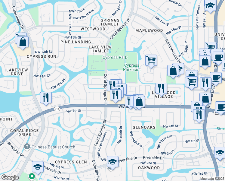 map of restaurants, bars, coffee shops, grocery stores, and more near 10065 West Atlantic Boulevard in Coral Springs