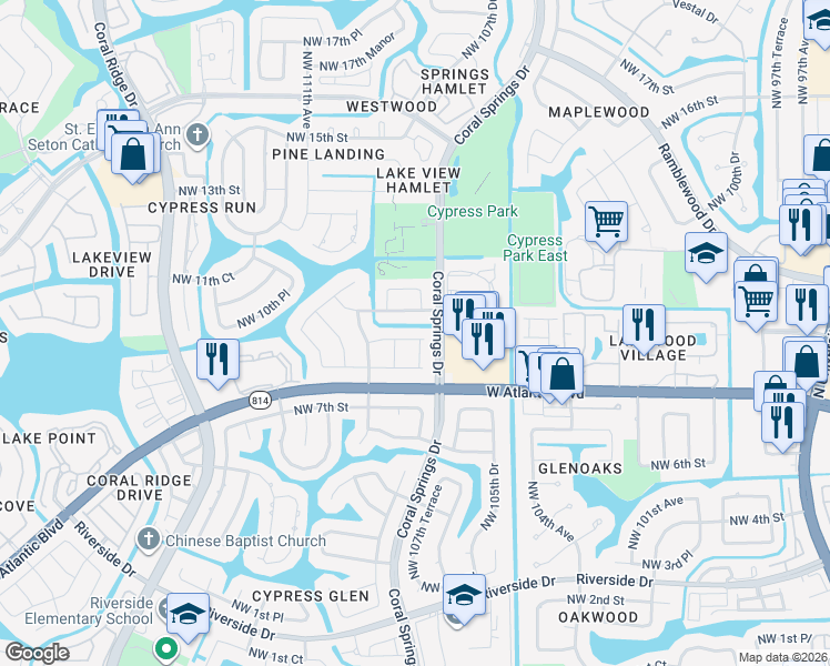 map of restaurants, bars, coffee shops, grocery stores, and more near 10741 Northwest 9th Court in Coral Springs