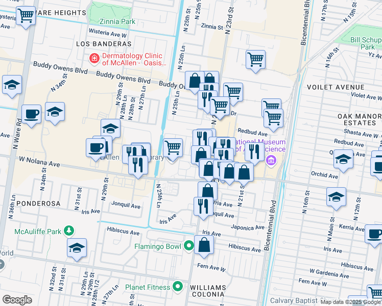 map of restaurants, bars, coffee shops, grocery stores, and more near 4101 North 24th Lane in McAllen