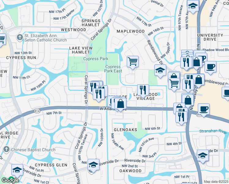 map of restaurants, bars, coffee shops, grocery stores, and more near 10407 Northwest 9th Manor in Coral Springs