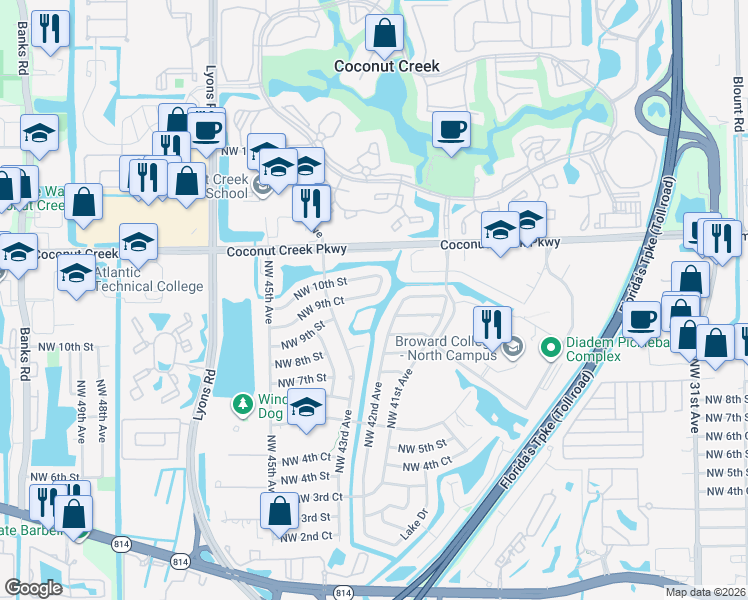 map of restaurants, bars, coffee shops, grocery stores, and more near 4220 Northwest 9th Court in Coconut Creek