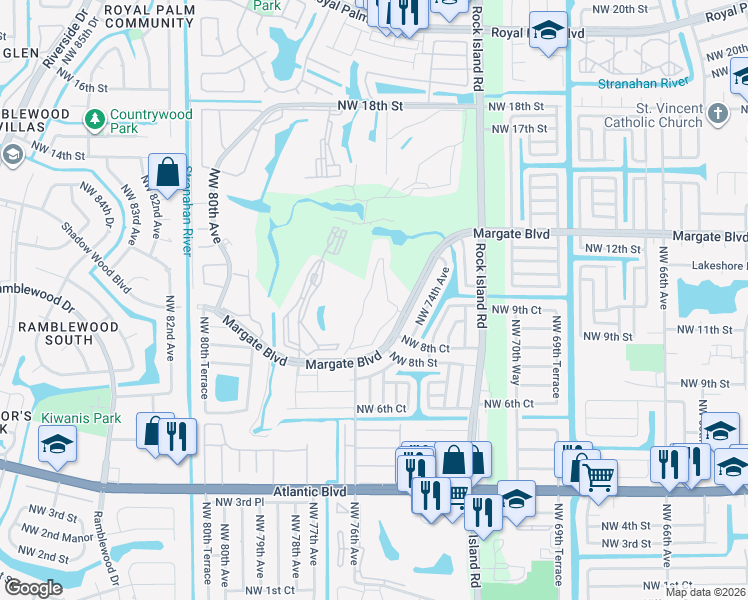 map of restaurants, bars, coffee shops, grocery stores, and more near 7837 Golf Circle Drive in Margate