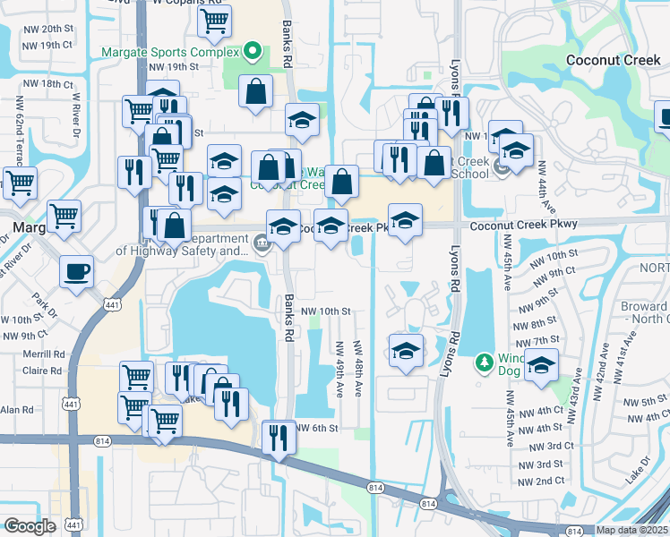 map of restaurants, bars, coffee shops, grocery stores, and more near 4700 Coconut Creek Parkway in Margate