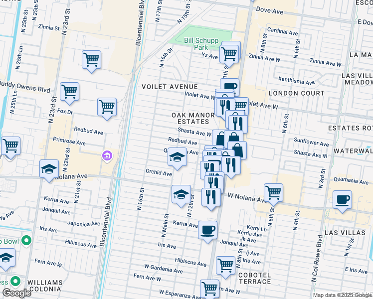 map of restaurants, bars, coffee shops, grocery stores, and more near 1310 Quamasia Avenue in McAllen