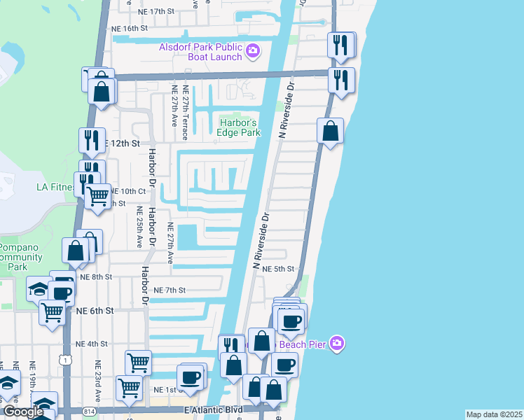 map of restaurants, bars, coffee shops, grocery stores, and more near 615 North Riverside Drive in Pompano Beach