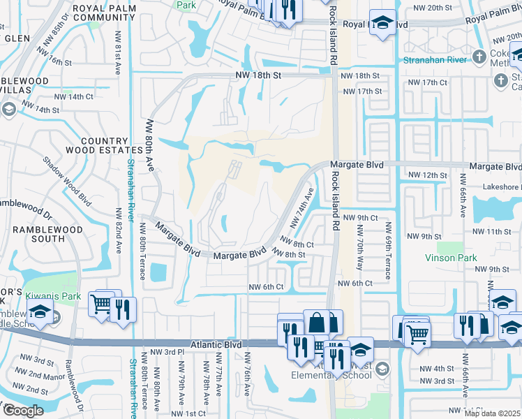 map of restaurants, bars, coffee shops, grocery stores, and more near 7837 Golf Circle Drive in Margate