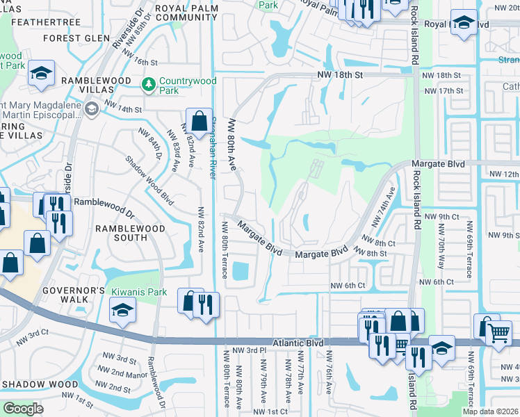 map of restaurants, bars, coffee shops, grocery stores, and more near 7895 Margate Boulevard in Margate