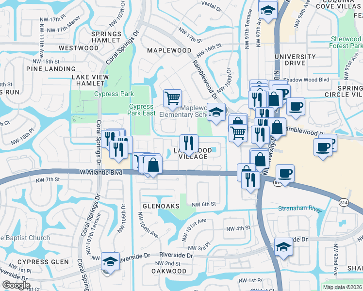 map of restaurants, bars, coffee shops, grocery stores, and more near 848 Twin Lakes Drive in Coral Springs