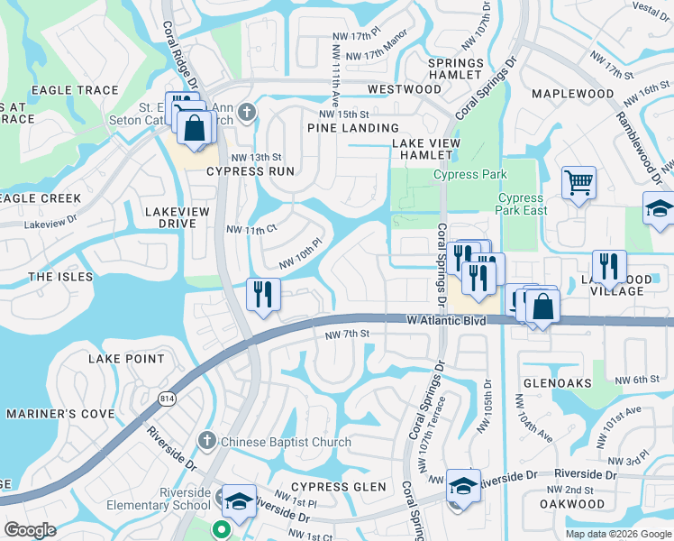 map of restaurants, bars, coffee shops, grocery stores, and more near 913 Northwest 110th Lane in Coral Springs