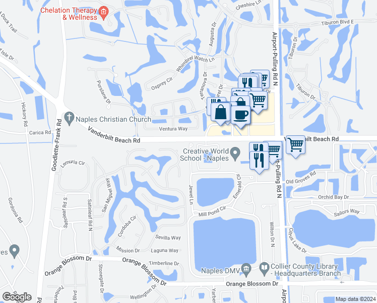 map of restaurants, bars, coffee shops, grocery stores, and more near 7767 Jewel Lane in Naples