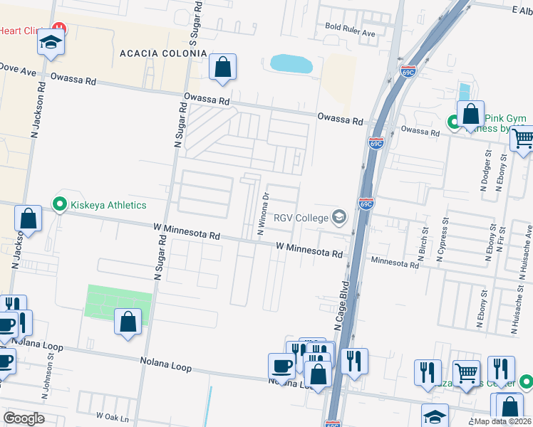 map of restaurants, bars, coffee shops, grocery stores, and more near 5317 North Winona Drive in Pharr