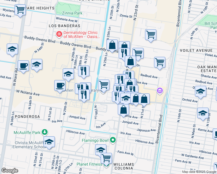map of restaurants, bars, coffee shops, grocery stores, and more near 4101 North 24th Lane in McAllen