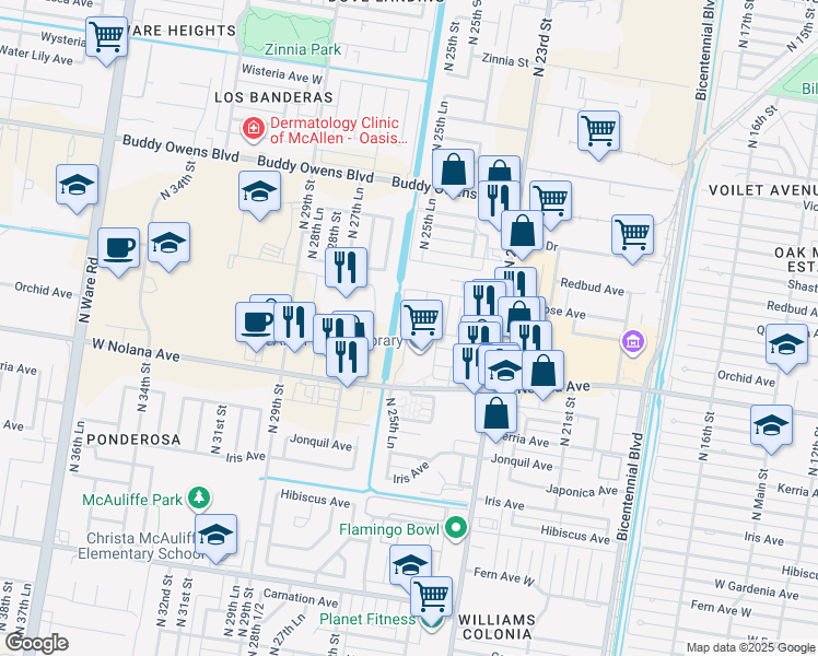 map of restaurants, bars, coffee shops, grocery stores, and more near 4001 North 23rd Street in McAllen