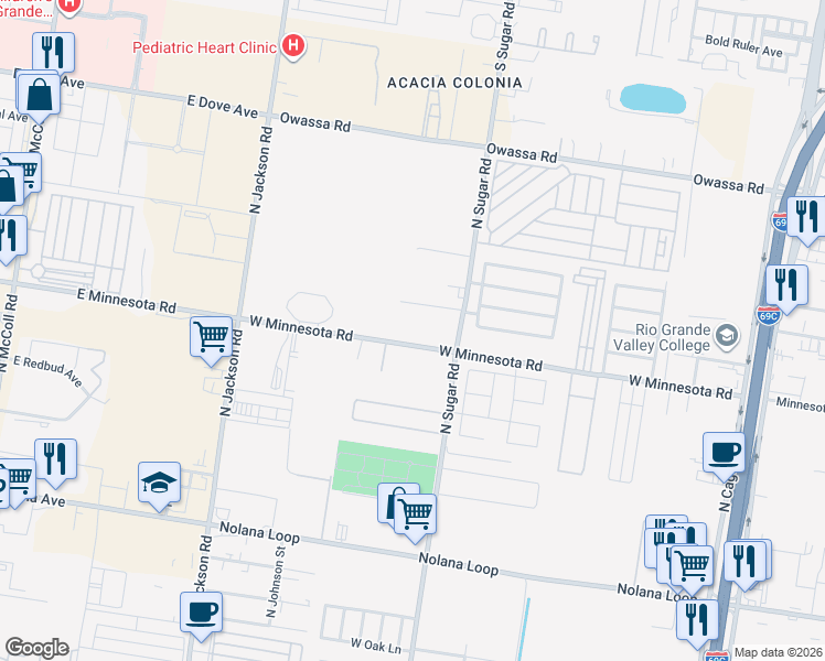 map of restaurants, bars, coffee shops, grocery stores, and more near 918 West Minnesota Road in Pharr