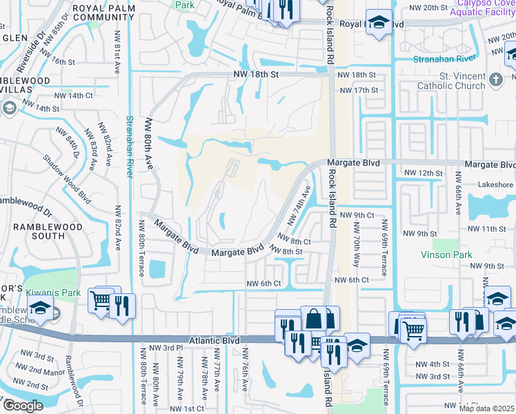 map of restaurants, bars, coffee shops, grocery stores, and more near 7837 Golf Circle Drive in Margate