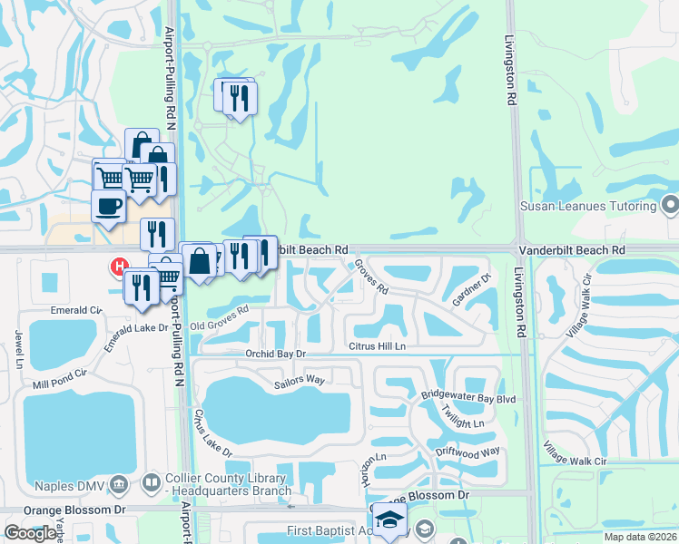 map of restaurants, bars, coffee shops, grocery stores, and more near 2565 Old Groves Road in Naples