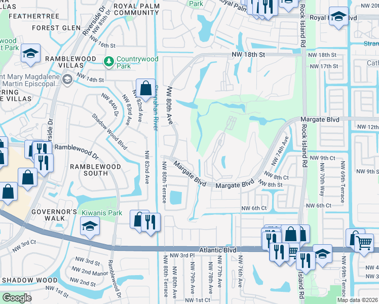 map of restaurants, bars, coffee shops, grocery stores, and more near 7895 Margate Boulevard in Margate