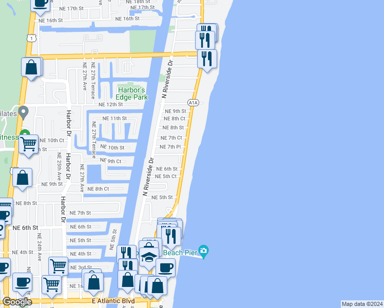 map of restaurants, bars, coffee shops, grocery stores, and more near 614 North Ocean Boulevard in Pompano Beach