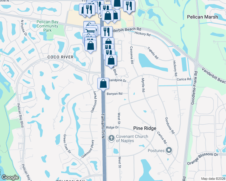 map of restaurants, bars, coffee shops, grocery stores, and more near 23 Banyan Road in Naples