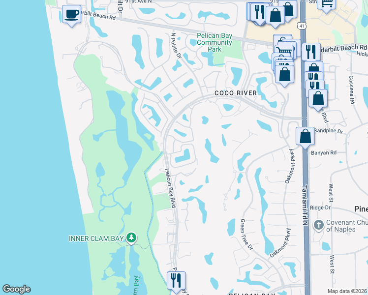 map of restaurants, bars, coffee shops, grocery stores, and more near 7687 Pebble Creek Circle in Naples