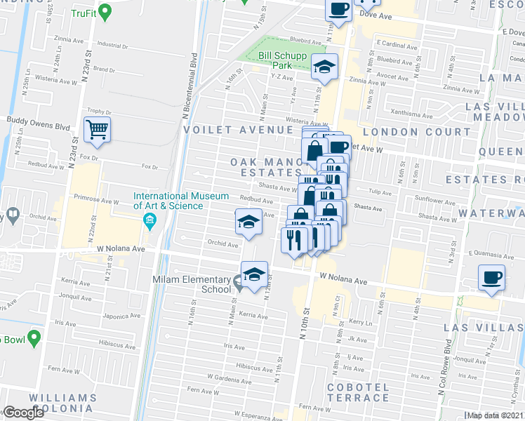 map of restaurants, bars, coffee shops, grocery stores, and more near 1216 Quamasia Avenue in McAllen
