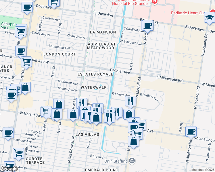 map of restaurants, bars, coffee shops, grocery stores, and more near 4515 North Cynthia Street in McAllen