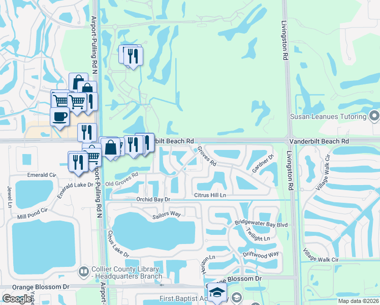 map of restaurants, bars, coffee shops, grocery stores, and more near 2565 Old Groves Road in Naples
